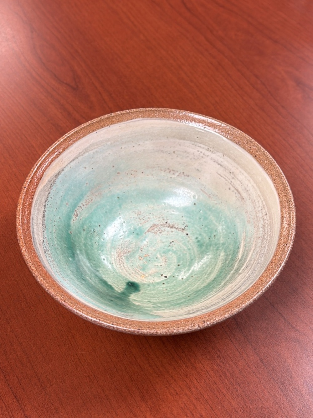 Artisan Pottery Bowl in Seafoam Green and Natural Brown